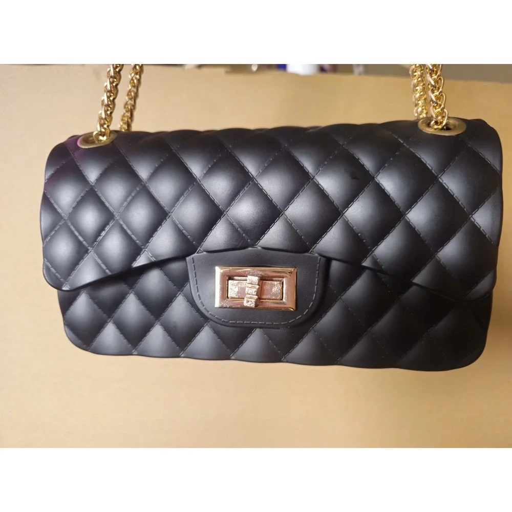 Women's Small Black Quilted Crossbody Or Shoulder Bag Gold Chain Strap Turn Lock
